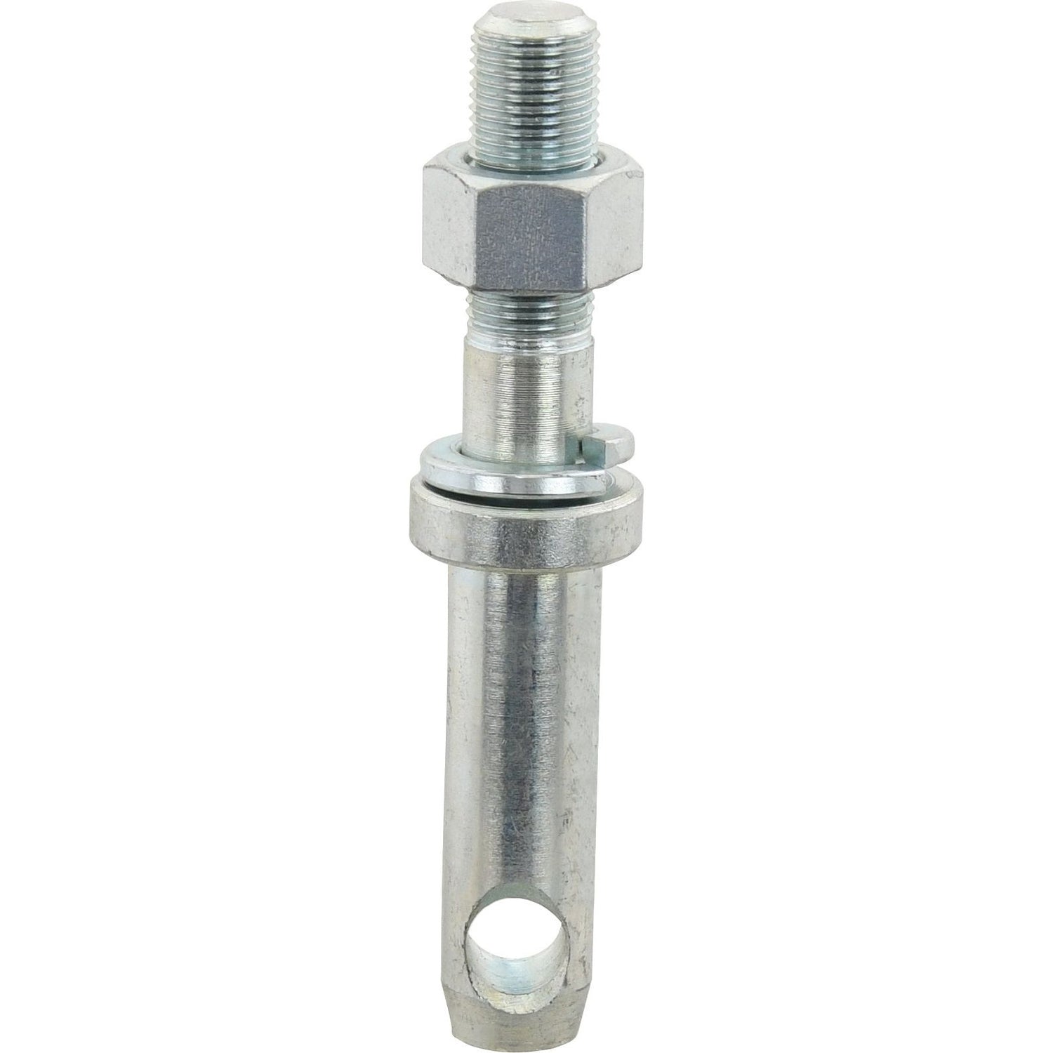 The Stabiliser Pin 18x128mm by Sparex (Sparex Part No. S.15600) is a metallic industrial fastener featuring a threaded bolt with a 5/8" UNF thread at one end and a cylindrical section with a hole near the opposite end. The working length is 52mm, and it includes an 18mm diameter pin for secure fastening.