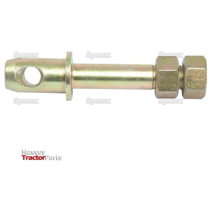 Stabiliser Pin 22x118mm, Thread size 5/8''x25.4mm (Sparex Part No.S.167), a metal hydraulic fitting with a nut and threaded bolt, featuring an overall length of 118mm. The item is displayed against a white background with the logos for Sparex and Massey Tractor Parts visible.