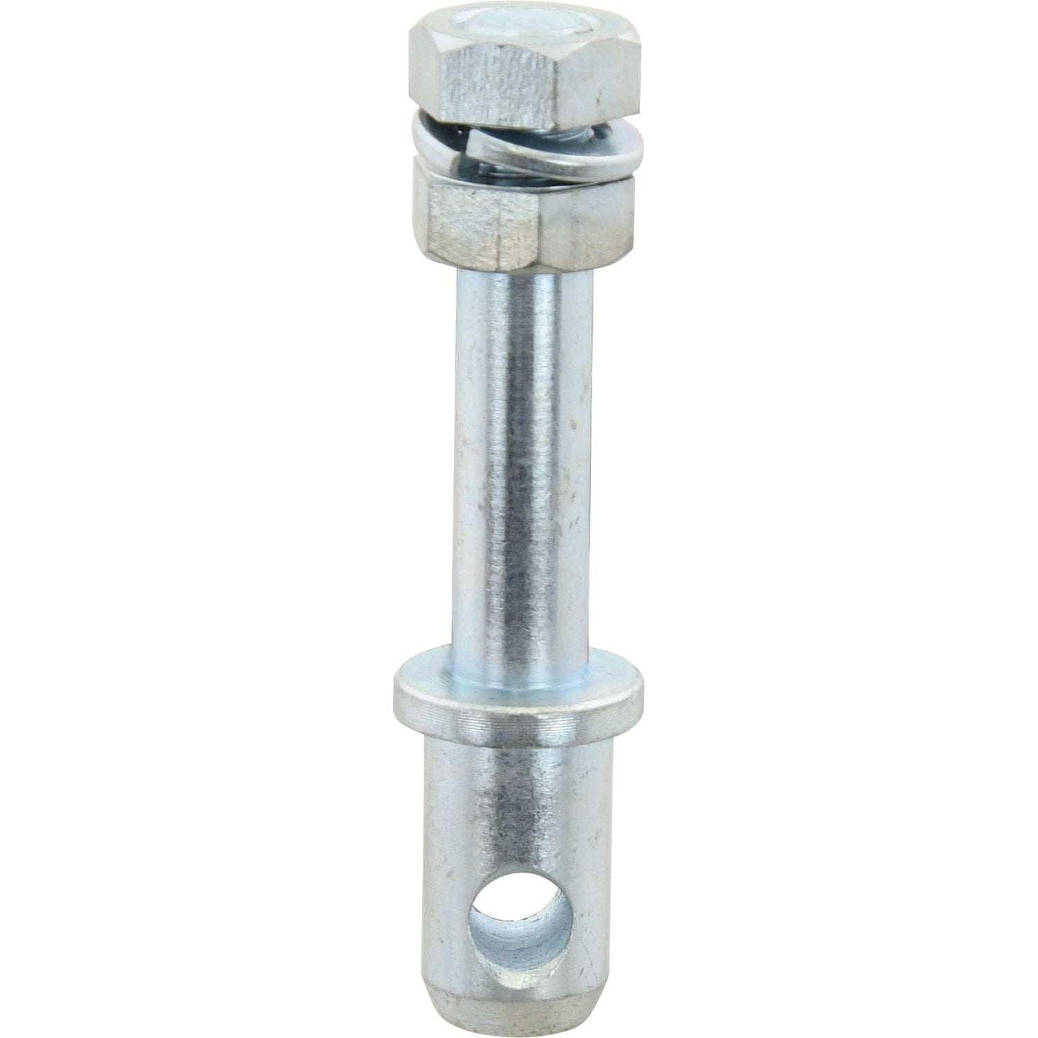 The Sparex Stabiliser Pin 22x118mm, with a thread size of 5/8''x25.4mm (Sparex Part No.S.167), is constructed from metal and includes a hexagonal nut and split washer. It features a cylindrical shaft with an overall length of 118mm and has a hole near the bottom for securing. The pin itself has a diameter of Ø 22mm.

