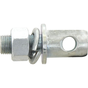 A close-up of the Stabiliser Pin 22x69mm, featuring a threaded bolt (5/8" x 28.5mm), nut, washers, and a clevis pin with a hole for securing connections. Ideal for Ford/New Holland or Massey Ferguson machinery, this Sparex-quality component (Sparex Part No. S.169) ensures durability and precision.
