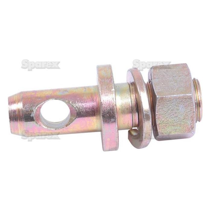A Sparex Stabiliser Pin 19x7mm, featuring a threaded hexagonal nut with a thread size of 3/4'' x 28.5mm, a cylindrical shaft with a lateral hole, and two washers. Perfect for Massey Ferguson applications. Sparex Part No.S.170.