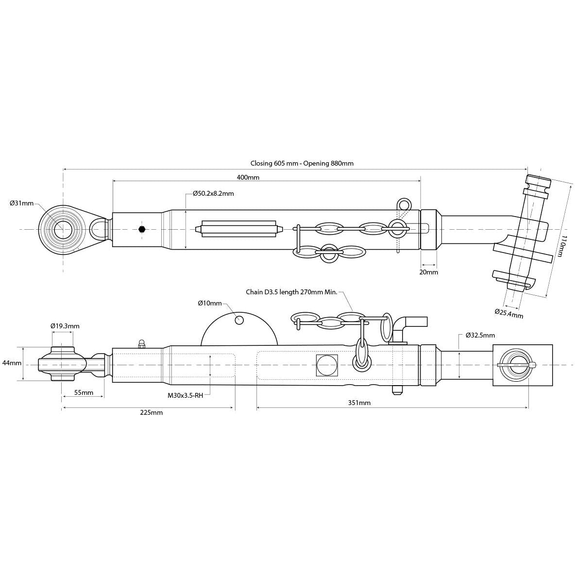 Technical drawing of the Stabiliser - S.150417 by Sparex for Massey Ferguson, featuring detailed measurements including length, width, ball size diameter, and annotations showing various parts and connections.