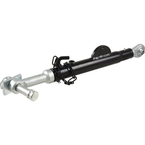 Image of the Sparex hydraulic Stabiliser - S.150417 featuring a black main body and silver components on both ends, including a locking pin and clevis mounts. Suitable for Massey Ferguson tractors, the component is laying horizontally on a white background.