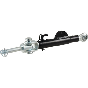 A Sparex Stabiliser - S.150418, featuring a black hydraulic cylinder with metal components and a gleaming silver rod extending from one side, is displayed against a white background. This durable part is compatible with models such as the Ford / New Holland 8160.