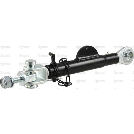 Image of the Sparex Stabiliser (S.150419) in black and silver with attached chains, featuring adjustable fittings and mounting brackets, compatible with Massey Ferguson models.