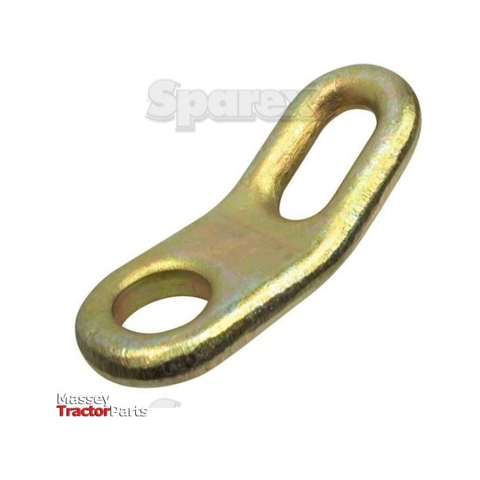 A high-quality Sparex Stabiliser Plate (Part No. S.2635) featuring two oval-shaped holes (Ø23 mm and 18x38 mm), angled at 30°. The polished surface enhances its appearance, while the Massey Tractor Parts logo is partly visible in the background. This component is sourced from the reputable brand, Sparex.

