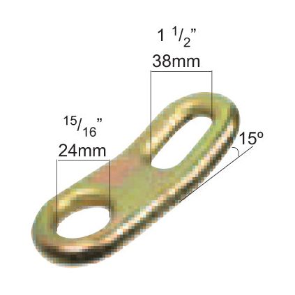 Image of a Sparex Stabiliser Plate - Hole Ø23 & 18x38mm (Sparex Part No. S.5255) with two oblong holes, labeled dimensions: 1 1/2 inches (38mm) length, 15/16 inches (24mm) width, and a 15-degree angle. Tariff Code 7303009090.