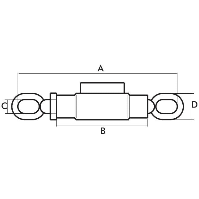 Technical drawing of the Stabiliser Turnbuckle M22x2.5 Metric (Sparex Part No.S.13269) with labeled dimensions: A (central width), B (overall length), C and D (end loop diameters). The component features a central rectangular section flanked by oval loops and includes an M22x2.5 metric thread specification from the brand Sparex.