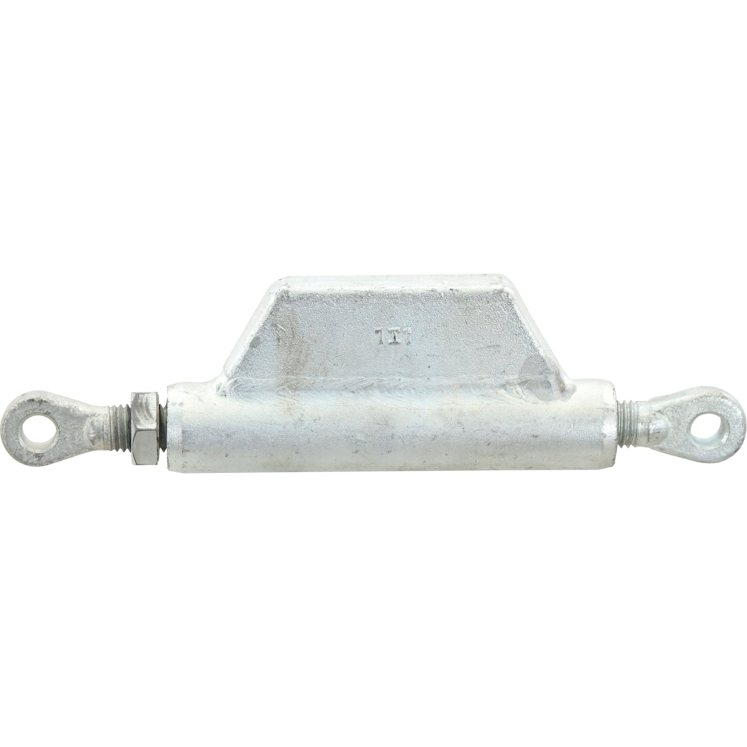 A metallic cylindrical object with eyelets on both ends and a rectangular block on top, positioned horizontally, resembling the Sparex Stabiliser Turnbuckle Assembly (Sparex Part No. S.5258) designed for adjustable lengths of 270mm to 370mm.
