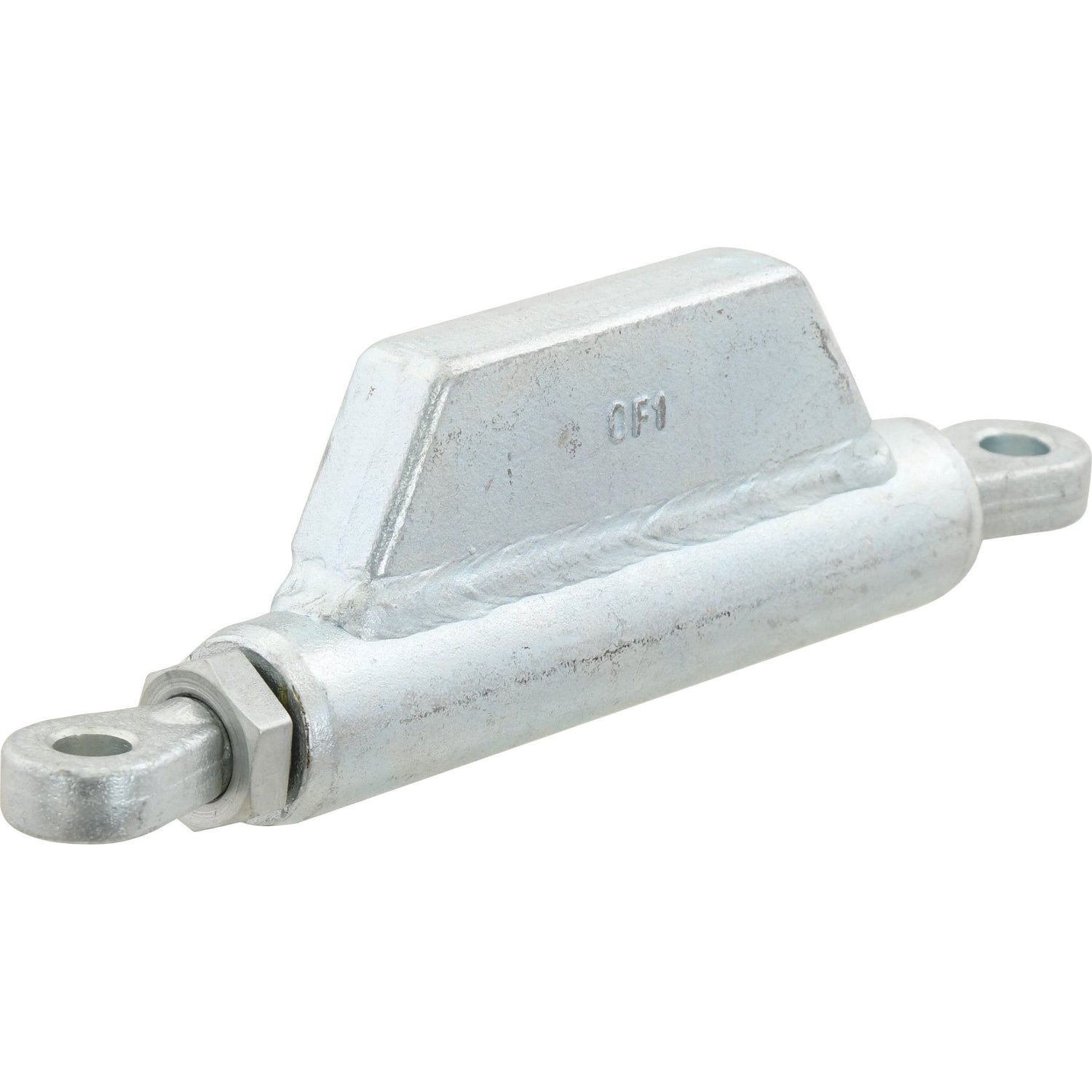 The Stabiliser Turnbuckle Assembly by Sparex, with a part number S.5284, is a metallic, elongated object featuring mounting points at both ends and a rectangular protrusion in the middle. It has a thread length of 79mm and utilizes UNC threading.