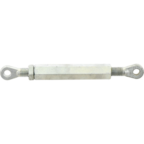 The Sparex Stabiliser Turnbuckle Assembly (Sparex Part No.S.5388), with a thread length of 100mm and adjustable between a minimum length of 10mm and a maximum length of 349mm, features threaded eye bolts on both ends for tensioning or adjusting the tension and length of cables or rods.
