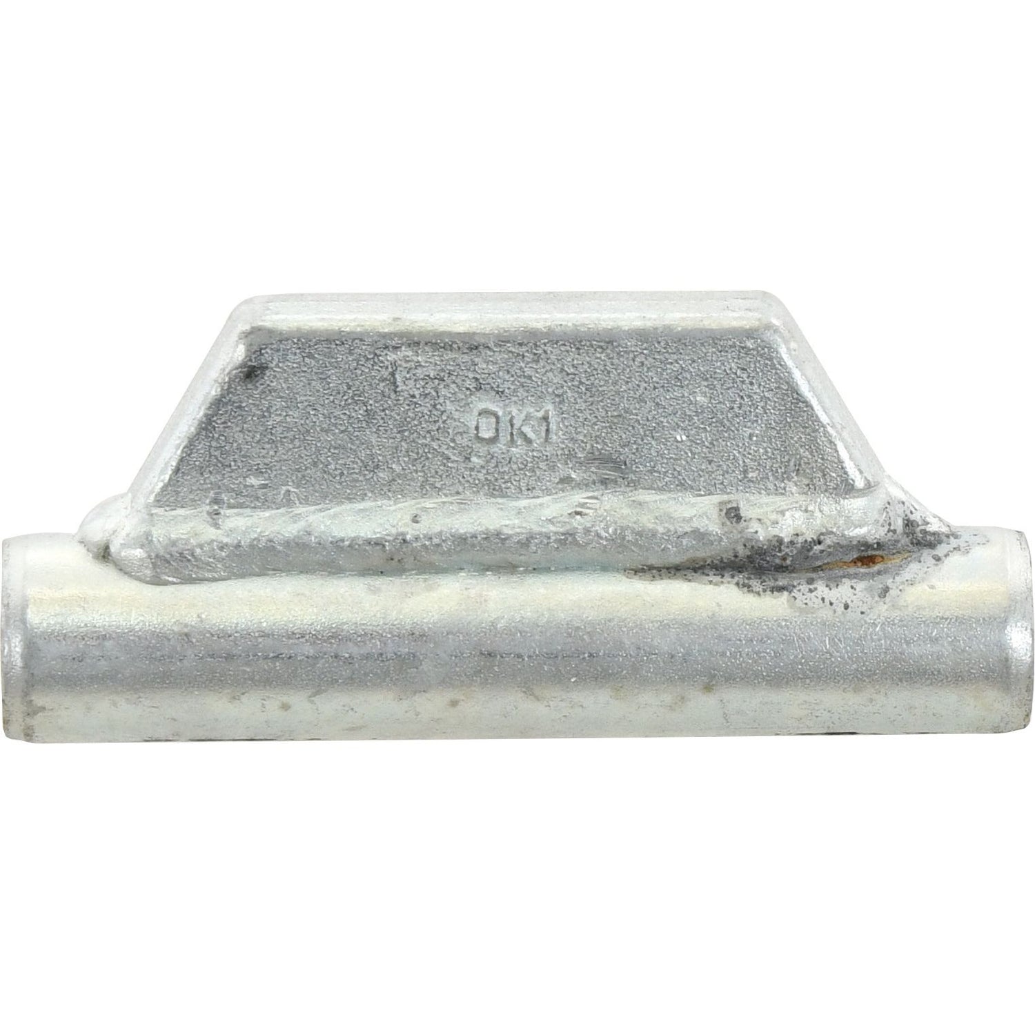 A close-up image of a silver metal object with a rectangular shape and a cylindrical base, featuring the engraving "OK1" on the central part. The precision detailing highlights the Stabiliser Turnbuckle 171mm - 3/4'' UNC (Sparex Part No.S.5263) thread length at the base, ensuring compatibility and ease of use.