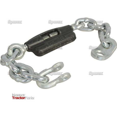 A metal stabiliser chain equipped with a black tensioning mechanism is displayed against a white background. The chain, suitable for Fiat models, features hooks and eyelets on each end. The text "Sparex" indicates premium product specifications, aligning with Sparex Part No.S.58560 for Massey Tractor parts.