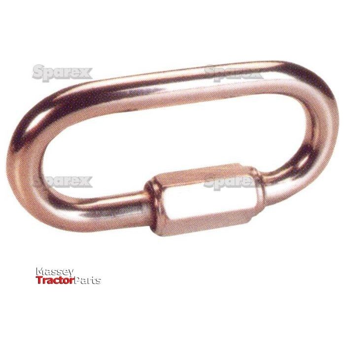 The Stainless Steel Chain Quick Link Ø10mm (Sparex Part No.S.21617) from Sparex is an oval-shaped metallic quick link featuring a 10mm threaded connector in the middle, made from durable stainless steel chain material, and is marketed by Massey Tractor Parts.