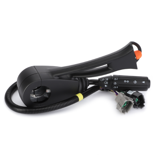 Close-up of the AGCO Fendt - Stalk Switch - G931901020032, a black automotive steering column switch assembly designed for Fendt Vario models, featuring various control symbols and wiring connectors.