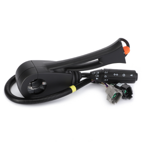 Close-up of the AGCO Fendt - Stalk Switch - G931901020032, a black automotive steering column switch assembly designed for Fendt Vario models, featuring various control symbols and wiring connectors.