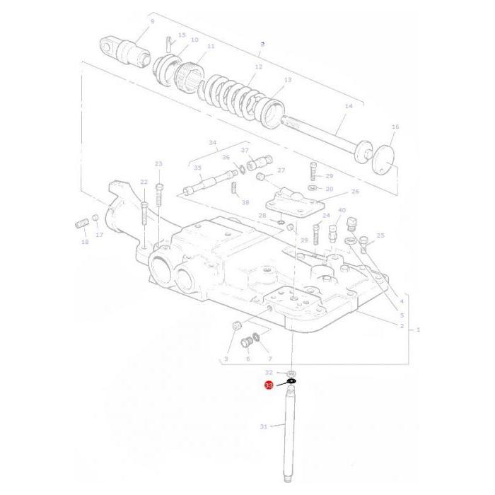 Exploded technical diagram of a mechanical assembly with numbered components, including a camshaft, springs, and other engine parts. Component 32 is highlighted in red. Includes AGCO Massey Ferguson Stand Pipe ORing 195561M1 (9.5 x 1.6mm), commonly used in Massey Ferguson tractor parts.
