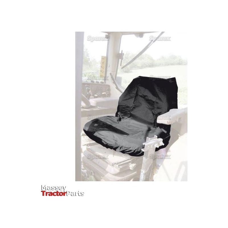 A Sparex Standard Seat Cover - Tractor & Plant - Universal Fit (S.71717), waterproof and black, is placed on a tractor seat inside the cabin, featuring the "Massey Tractor Parts" logo at the bottom left. It ensures durability and ease of cleaning.