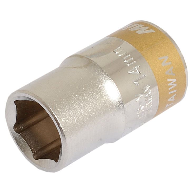 A metallic Sparex Standard Socket labeled "14 mm" and "Taiwan," featuring a gold band, standard socket design, and a 1/2'' drive (Sparex Part No. S.26833).