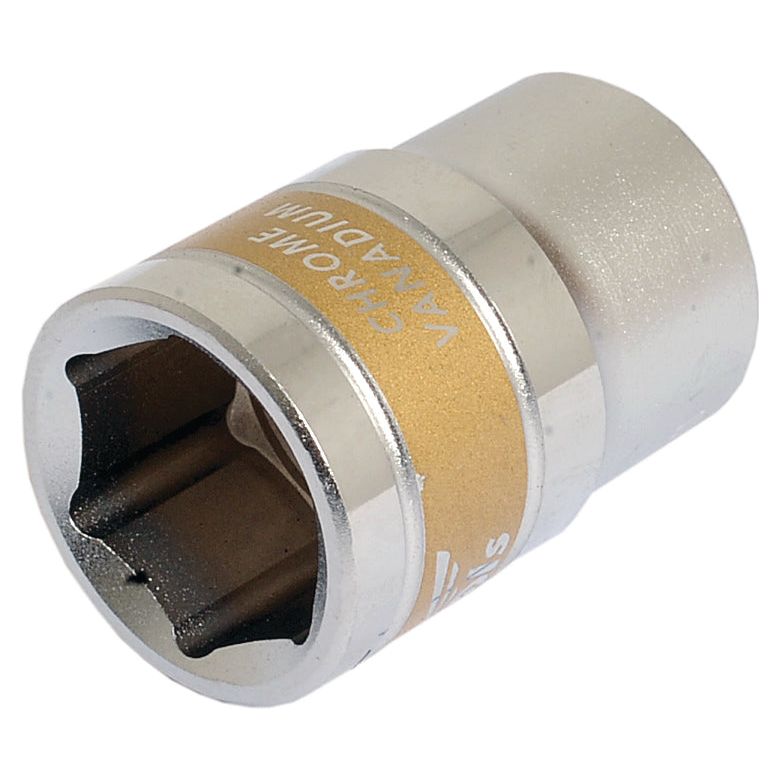 A close-up of a Sparex Standard Socket 1/2'' Drive (Part No. S.26837) with a chrome finish, hexagonal opening, and a label around its middle.