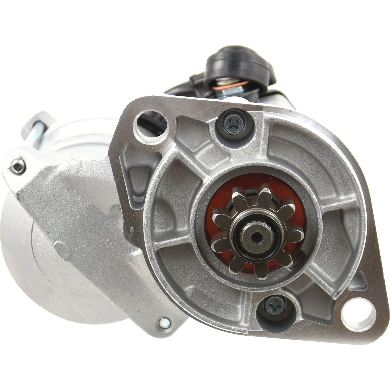 A close-up view of a metallic, gear-reduced starter motor with visible gears and mounting points, Starter Motor - 12V, 1.4Kw, Gear Reduced (Sparex) | Sparex Part No. S.70501 suitable for Kubota.