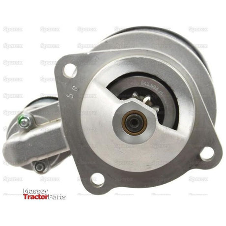 Close-up image of a metallic turbocharger with embossed text in the background and a Massey Tractor Parts logo in the bottom left corner. A Sparex 12V, 2.7Kw starter motor (Sparex Part No.S.359731) is partially visible in the top right corner, adding to the engineering marvel on display.


