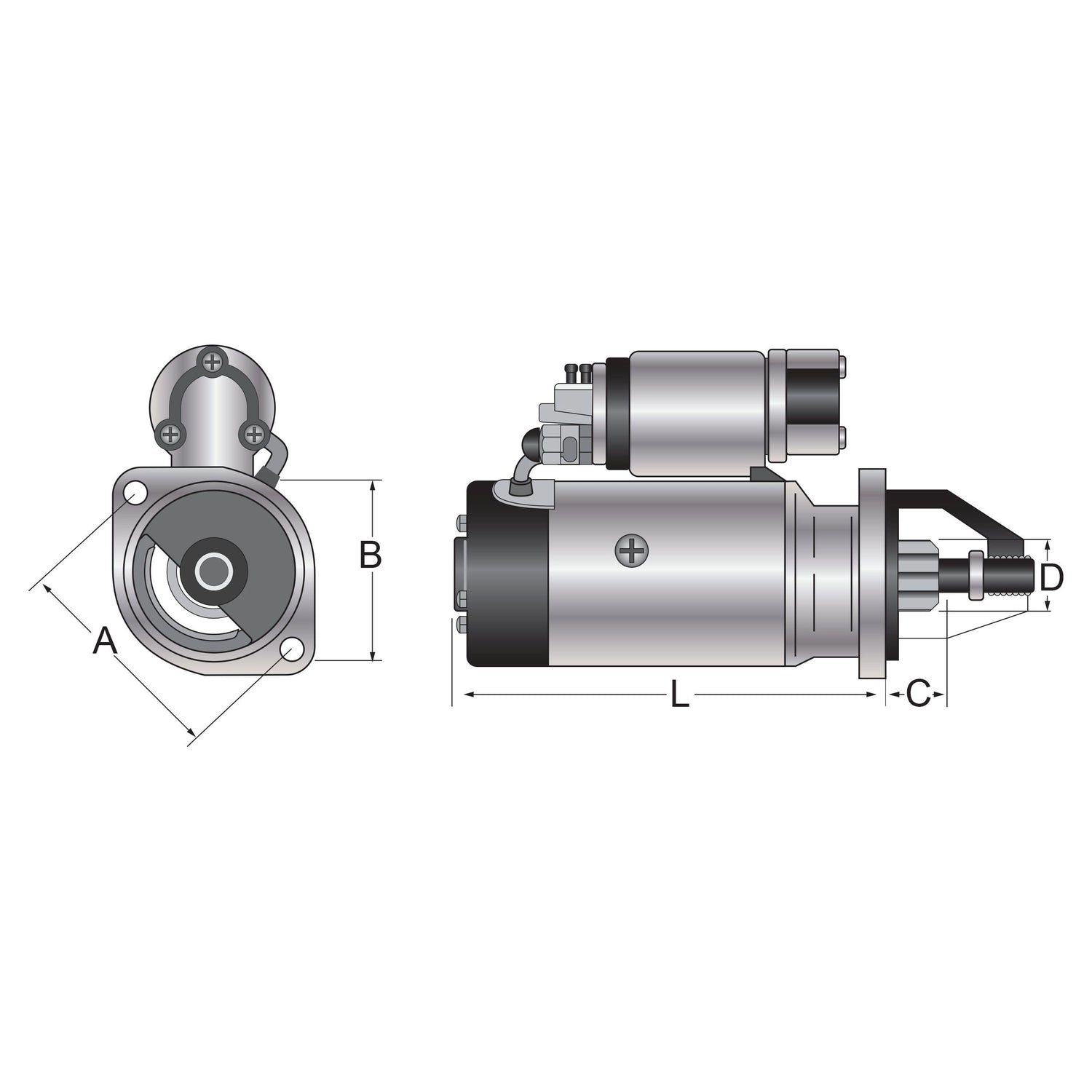 Diagram of a mechanical component with front and side views, similar to a 12V, 2.7Kw Sparex starter motor (Sparex Part No.S.361851). Dimensions A, B, C, D, and L are marked for measurement references. The component has cylindrical sections and various fittings.