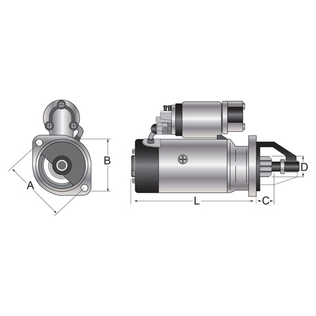 Technical diagram of the Starter Motor - 12V, 2.7Kw (Sparex Part No.S.361851) showing both side and front views with labeled dimensions A, B, L, C, and D.
