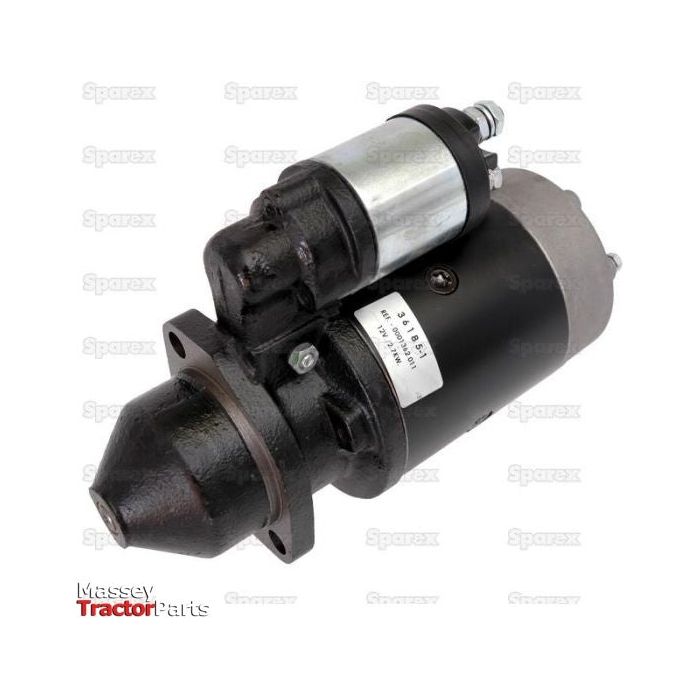 Image of a 12V, 2.7Kw starter motor for Massey Ferguson tractors with Sparex branding in the background (Sparex Part No. S.361851).