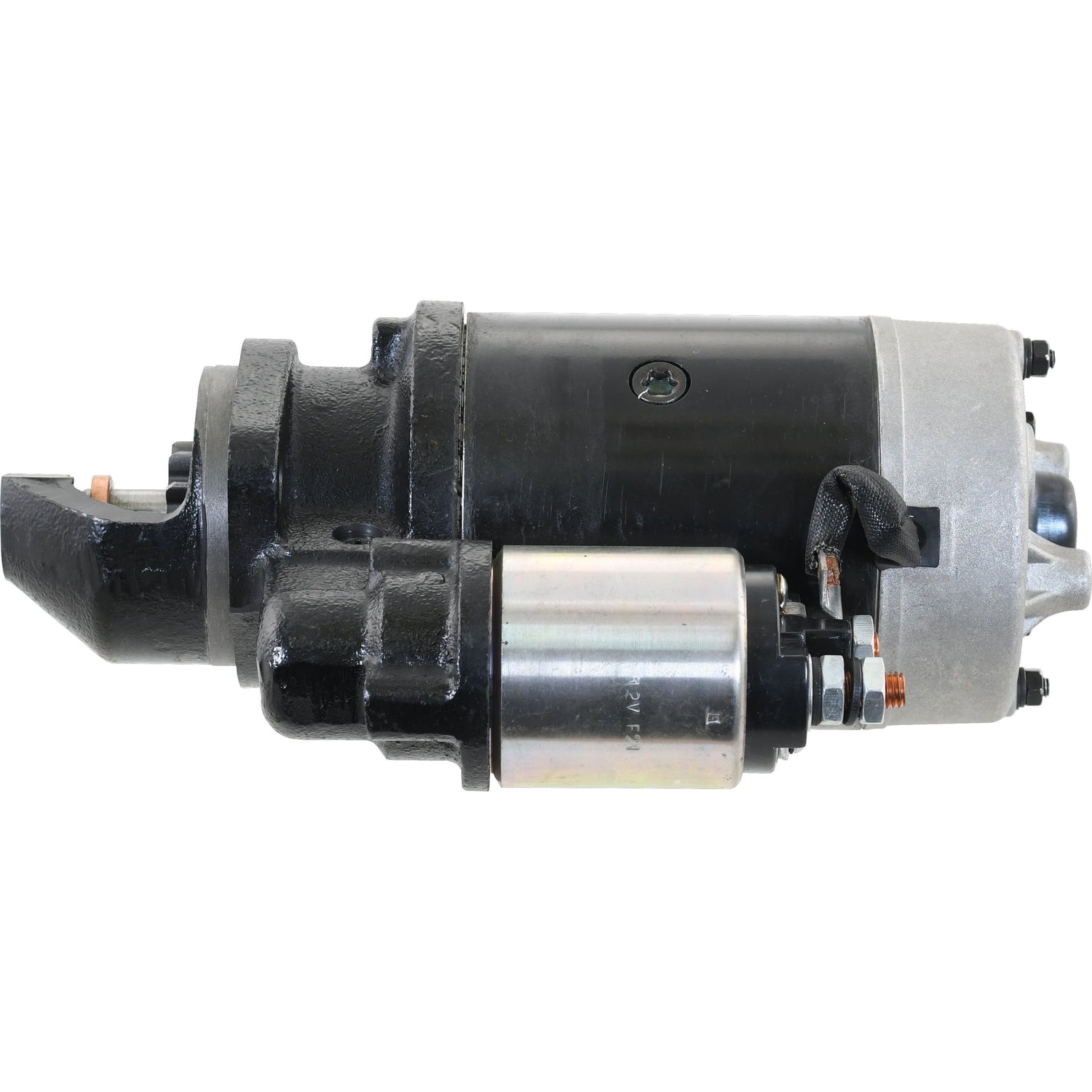 The Starter Motor - 12V, 2.7Kw (Sparex), with Sparex Part No.S.361851, features a cylindrical design with an attached solenoid, a black and silver body, and various electrical connectors. This Sparex starter motor ensures reliable performance for your vehicle.