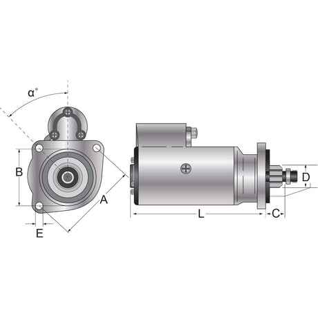 Technical drawing of a cylindrical mechanical component, possibly the Starter Motor - 12V, 2.7Kw (Sparex) used in Deutz-Fahr machinery, with front and side views showing various labeled dimensions and an angled measurement α°, along with points A, B, C, D, and E. The product is identified as Sparex Part No.S.359731 by the brand Sparex.