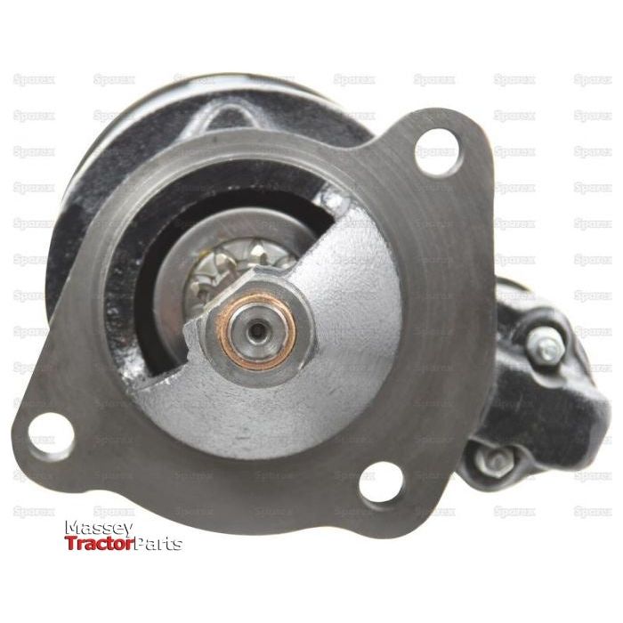 Close-up view of a Sparex part for a Massey Ferguson tractor, featuring a circular metal component with three mounting holes. The background is white with faint repeated text. This 12V starter motor detail exemplifies precision engineering, specifically the Starter Motor - 12V, 2.8Kw (Sparex) | Sparex Part No. S.41138.