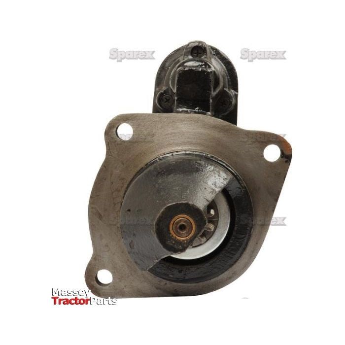 A metal starter motor part with mounting holes is displayed against a white background. The words "Massey Tractor Parts" and "Sparex" are visible, indicating this is a Starter Motor - 12V, 2.8Kw (Sparex), Sparex Part No.S.57574, ready for installation.