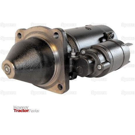 The Starter Motor - 12V, 3Kw, Gear Reducted (Sparex), featuring a brass mounting plate and a black cylindrical body, is shown against a plain background.