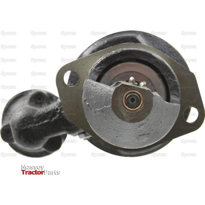 Close-up of a mechanical part with the text "Massey Tractor Parts" in the bottom left corner. The background is white and features a faint repeating pattern of the word "Spares." The image highlights a Starter Motor - 12V, 3Kw (Sparex) | Sparex Part No.S.359841.