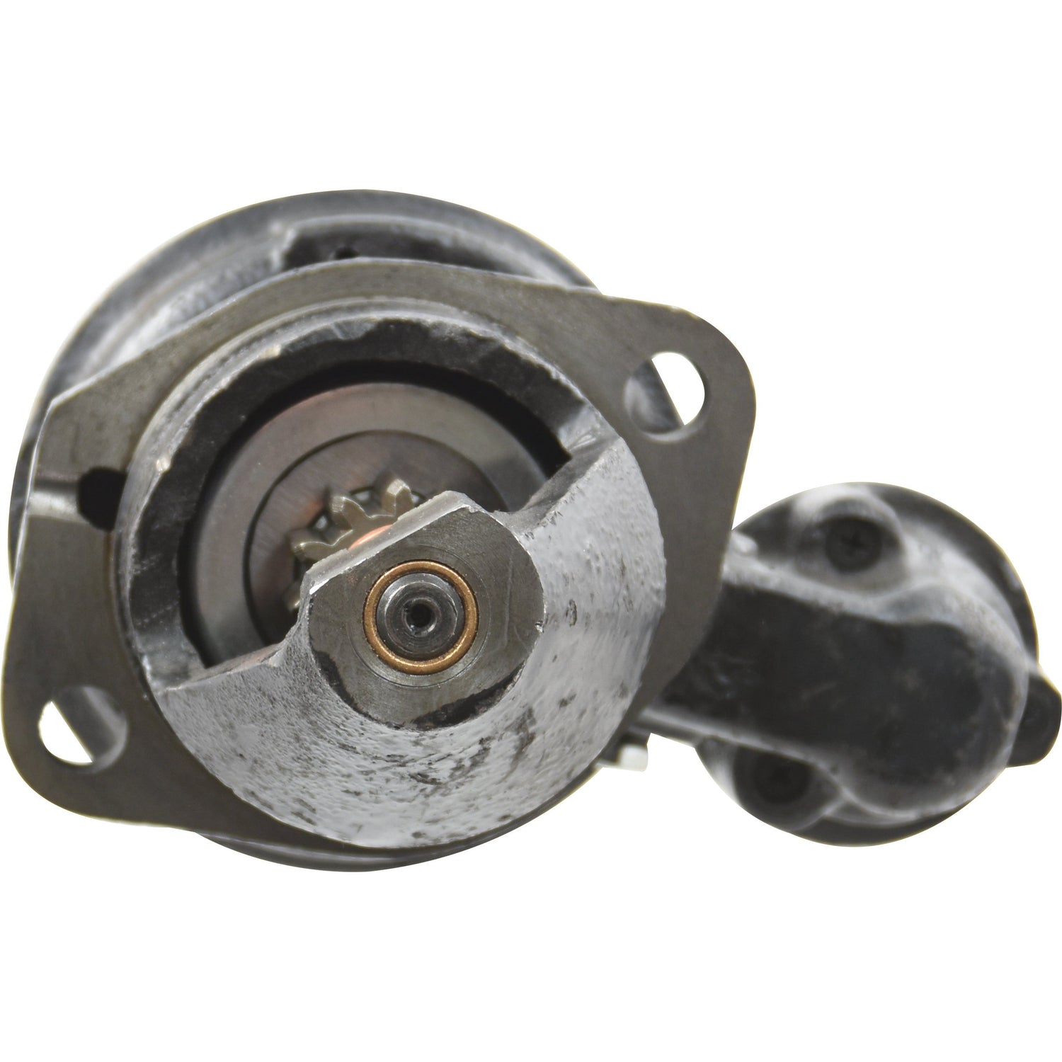 Close-up of a metal Starter Motor - 12V, 3Kw (Sparex) component by Sparex showing mechanical gears and mounting holes.