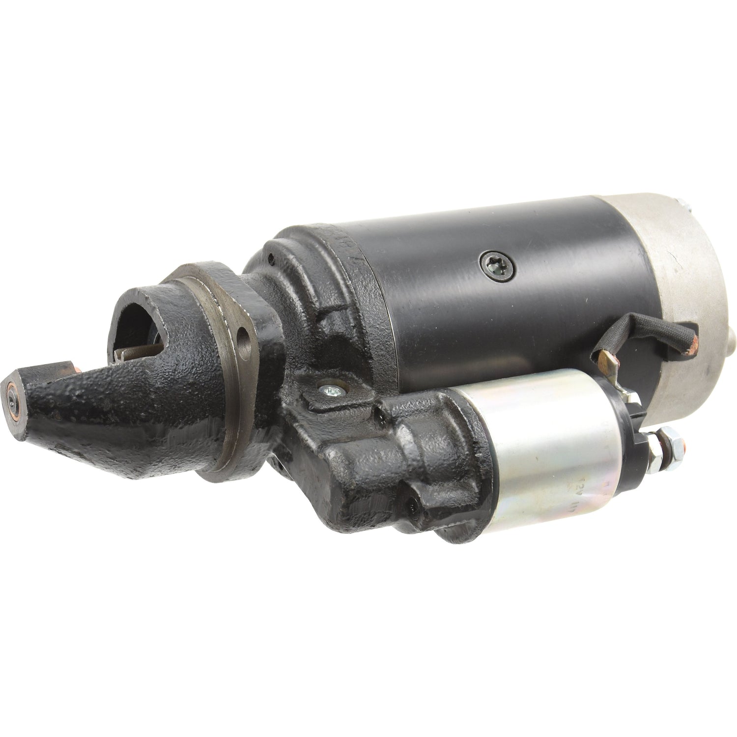 A black and silver 12V, 3Kw automotive starter motor with visible gears and mounting points, ideal for John Deere machinery (Sparex Part No. S.48064).
