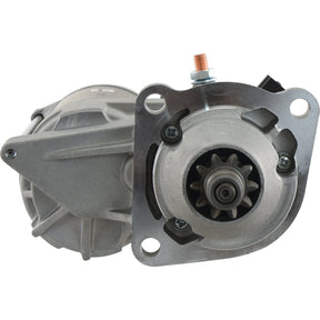 A close-up of the Sparex Starter Motor - 12V, 4Kw (Sparex Part No.S.150782) with visible gear and mounting plate, featuring a top terminal and mounting bolts.