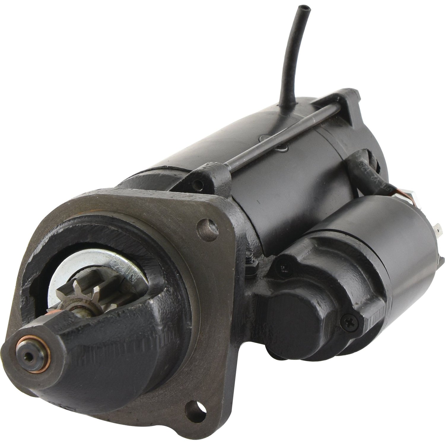 Image of a black Starter Motor - 12V, 4.2Kw (Sparex) with visible gears and wiring, suitable for Massey Ferguson tractors (Sparex Part No.S.150761).