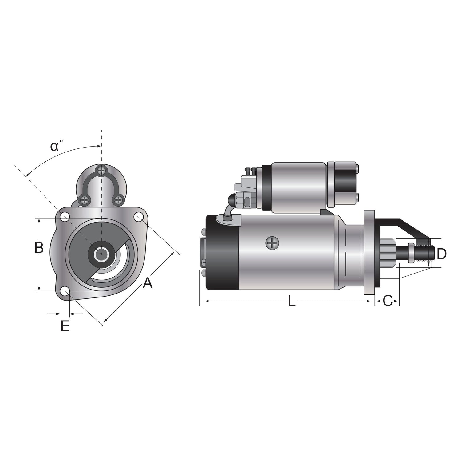 Technical drawing of the Sparex starter motor - 12V, 4.2Kw (Sparex Part No. S.150770) component with labeled dimensions A, B, C, D, E, L, and an angle α. The drawing includes front and side views of the 12V component from Sparex.

