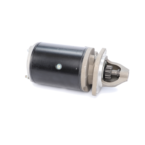 Image of a Massey Ferguson Starter Motor (product code: 3581576M3) by AGCO, featuring a black body with a metal housing and a gear mechanism on one end, isolated on a white background.