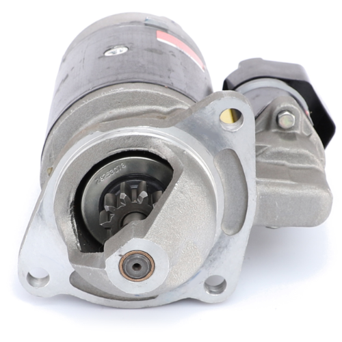 The AGCO Massey Ferguson Starter Motor - 3597426M3 features a cylindrical metal body with wiring connections and a visible gear mechanism at one end, making it ideal for Massey Ferguson tractors and Perkins engines in the 200 Series.