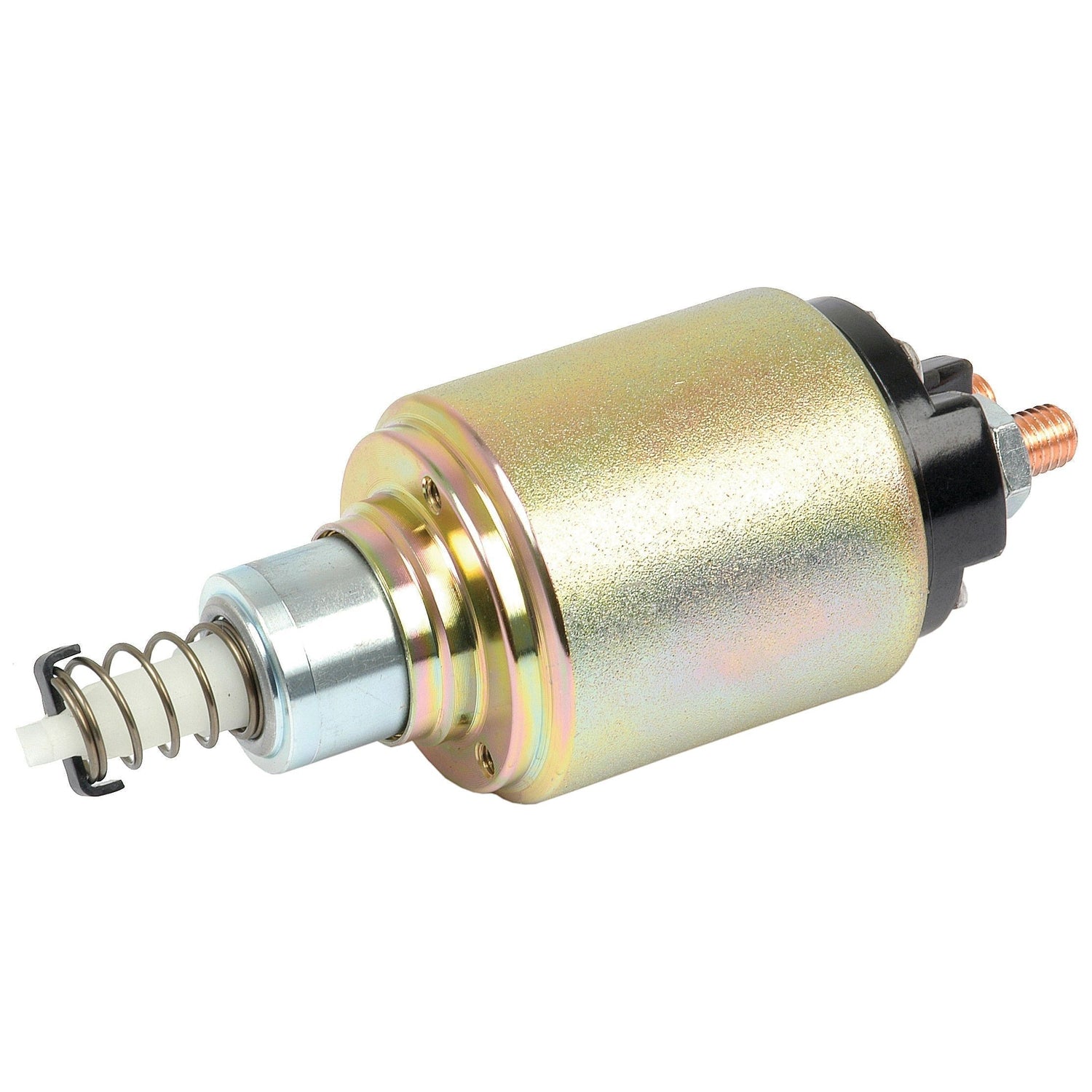 The Starter Solenoid, Sparex Part No.S.36121 by Sparex, is a cylindrical metal solenoid with a spring-loaded mechanism, typically used in John Deere tractor parts. It features a metallic body with a golden hue and a black plastic end cap, along with a copper terminal and mounting point.