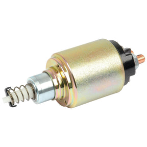 The Starter Solenoid, Sparex Part No.S.36121 by Sparex, is a cylindrical metal solenoid with a spring-loaded mechanism, typically used in John Deere tractor parts. It features a metallic body with a golden hue and a black plastic end cap, along with a copper terminal and mounting point.
