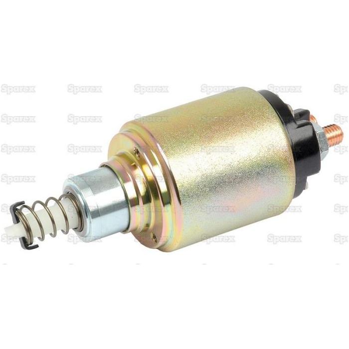 The Starter Solenoid | Sparex Part No.S.36121 by Sparex is a cylindrical electrical solenoid featuring a metallic casing, a spring attached to one end, and a connector on the other, reminiscent of John Deere tractor parts, showcased on a white background.