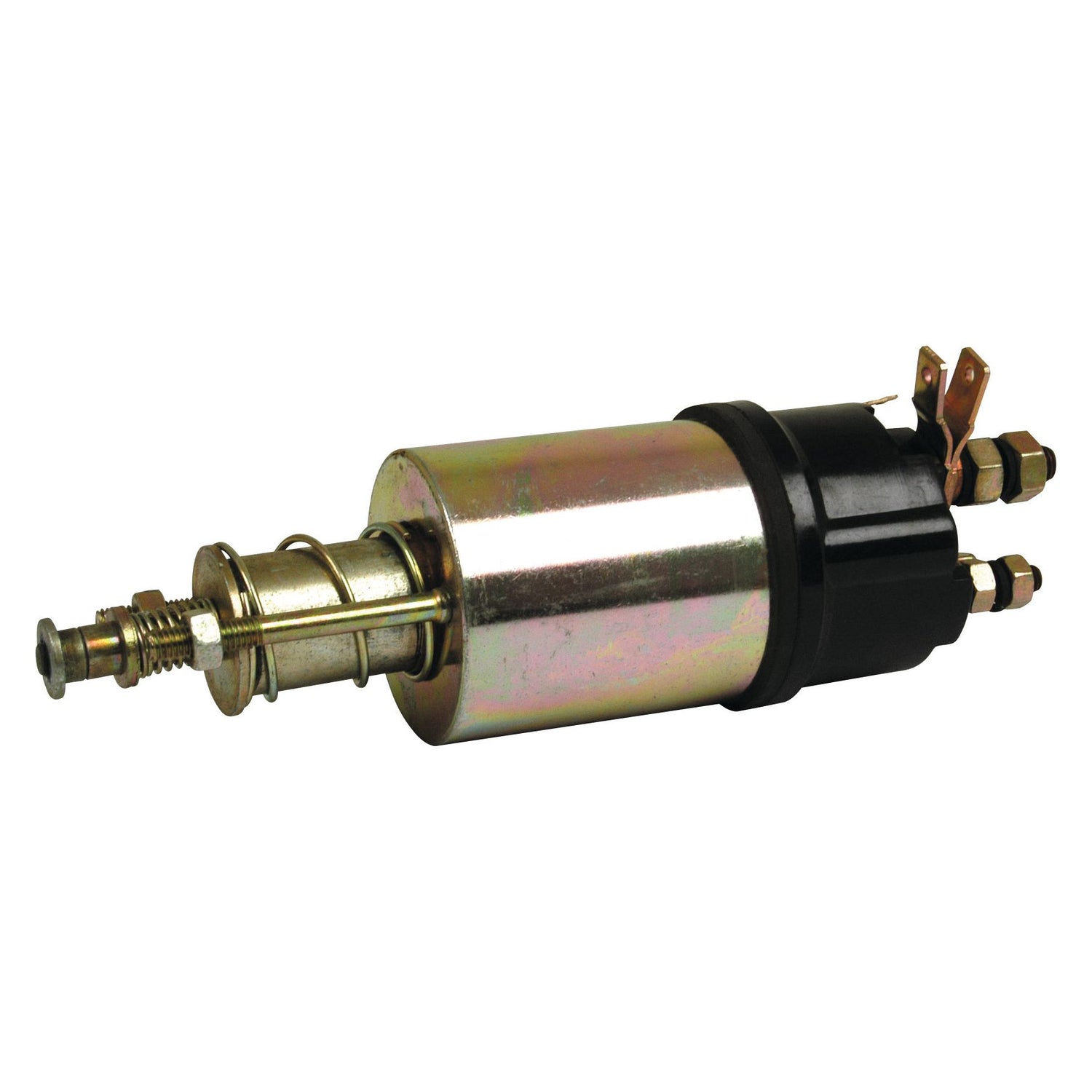 Sparex Starter Solenoid (Part No. S.41146) is a metallic cylindrical automotive component equipped with a threaded rod, springs, and electrical terminals, designed for electrical connection and activation in 12V systems. It is compatible with Case IH / International Harvester models.