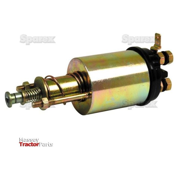 A metallic solenoid switch with a cylindrical body and multiple connectors is shown against a white background. The "Sparex" logo is partially visible in the corner, indicating its compatibility with 12V systems and brands such as Case IH. This product is identified as the Starter Solenoid | Sparex Part No.S.41147.