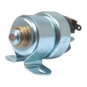 The Starter Solenoid (Sparex Part No. S.43494) by Sparex is a cylindrical metal automotive relay featuring mounting brackets, electrical terminals on one end, and a central circular actuator, compatible with Case IH and designed for 12V systems.