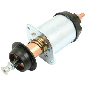 A metal industrial solenoid with a silver cylindrical body and a copper terminal, featuring a black plastic end cap and an attached spring mechanism. The Sparex Starter Solenoid (Part No. S.65976) is New Holland compatible and ideal for Ford tractor parts.