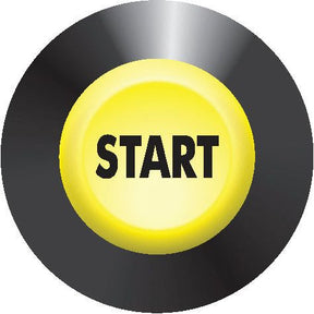 Yellow circular button with "START" written in black capital letters, set against a black circular background with a metallic sheen, reminiscent of a sleek Renault design. This resembles the Sparex Starter Switch - Push Button (Part No. S.52838).